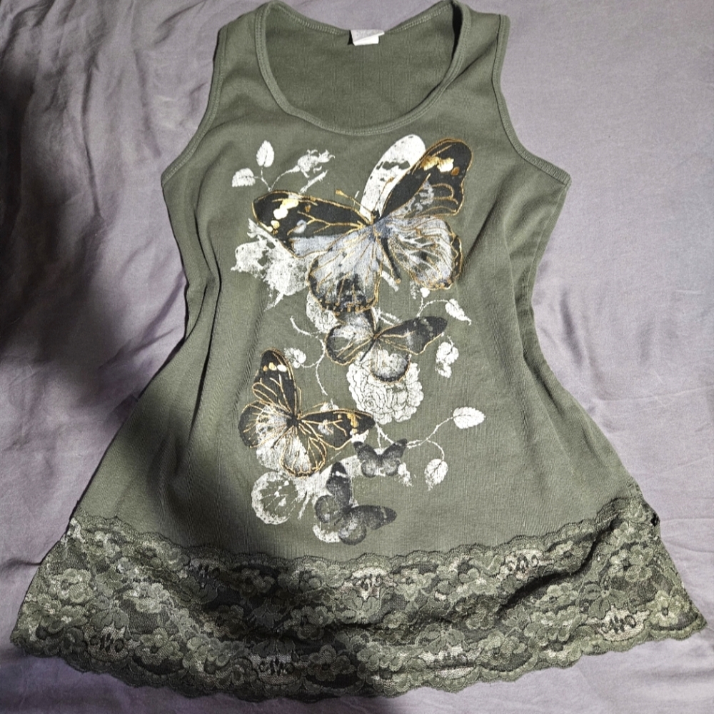 Women's Olive Butterfly Lace Tank Top